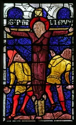 Fenster, das die Steinigung des heiligen Philippus am Kreuz darstellt